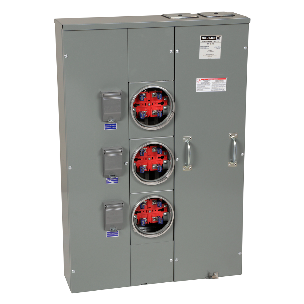 MP43200 – Meter center, MP Meter-Pak, 3 sockets, no bypass, 4 jaws, 400A bus, 200A max breaker rating, ringed