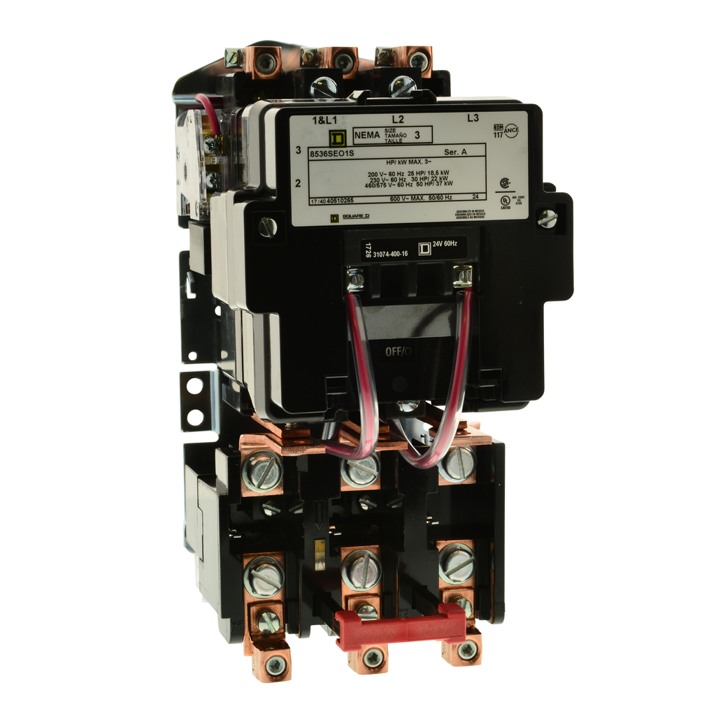 8536SEO1V08 – NEMA motor starter, Type S, nonreversing, Size 3, 90A, 50HP at 460VAC, 5kA SCCR, 3 phase, 3 pole, melting alloy, 208VAC coil, open