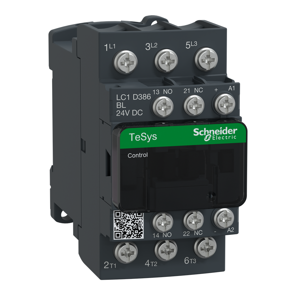 LC1D386BL – IEC contactor, TeSys Deca, nonreversing, 38A, 20HP at 480VAC, 3 phase, 3 pole, 3 NO, low consumption, 24VDC coil, open