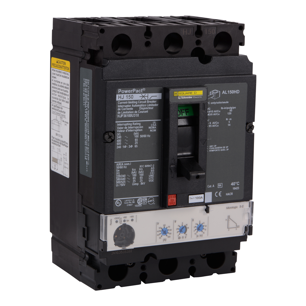 HJP36100U31X – Circuit breaker, PowerPacT H, 100A, 3 pole, 600VAC, 25kA, lugs, Micrologic 3.2, 80%