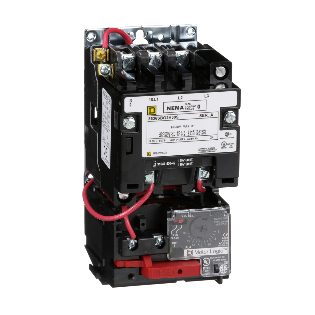 8536SBO2V02H30S – NEMA motor starter, Type S, nonreversing, Size 0, 18A, 5HP at 460VAC, up to 100kA SCCR, 3 phase, 3 pole, Motor Logic, 120VAC coil, open