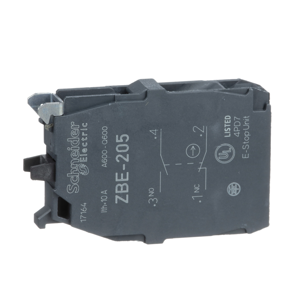 ZBE205 – Harmony, 22mm Push Button, add on contact block, 1 NO and 1 NC, screw clamp terminal