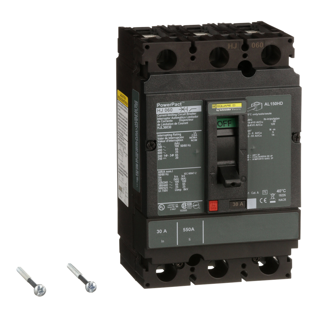 HJL36030 – Circuit breaker, PowerPacT H, 30A, 3 pole, 600VAC, 25kA, lugs, thermal magnetic, 80%