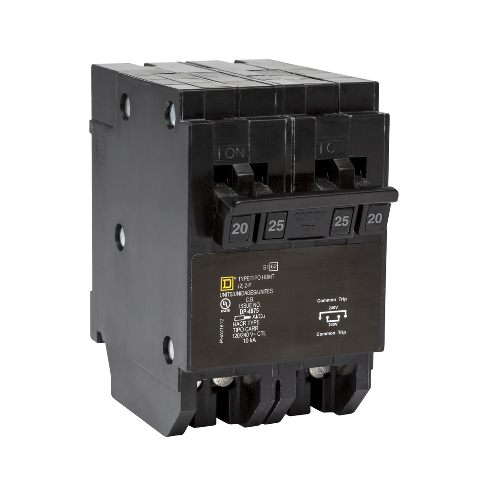 Mayer-DDS-Quad tandem circuit breaker, Homeline, 1 x 2 pole at 20A, 1 x 2 pole at 25A, 120/240VAC, 10kA AIR, plug in, UL-1