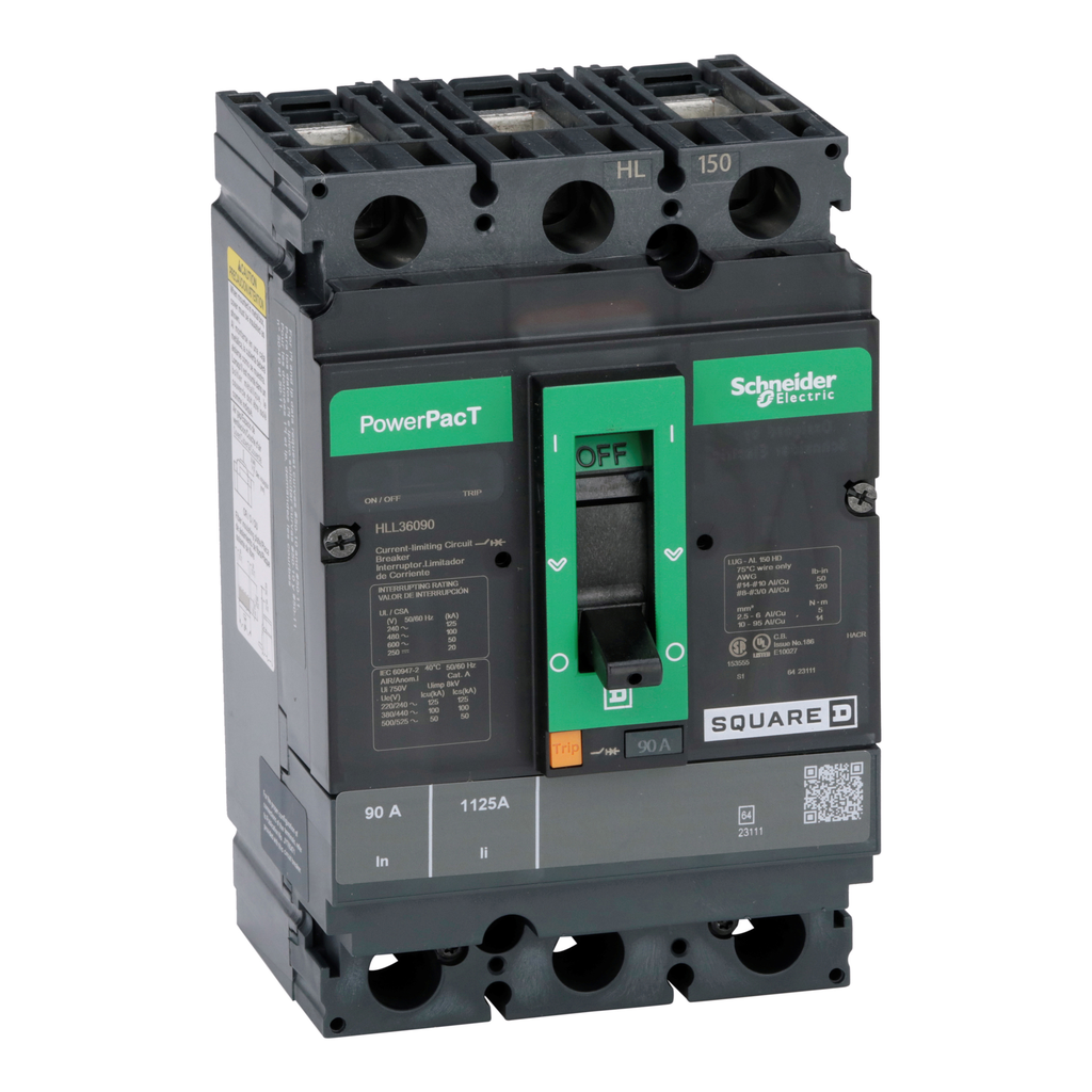 HLL36090 – Circuit breaker, PowerPacT H, 90A, 3 pole, 600VAC, 50kA, lugs, thermal magnetic, 80%