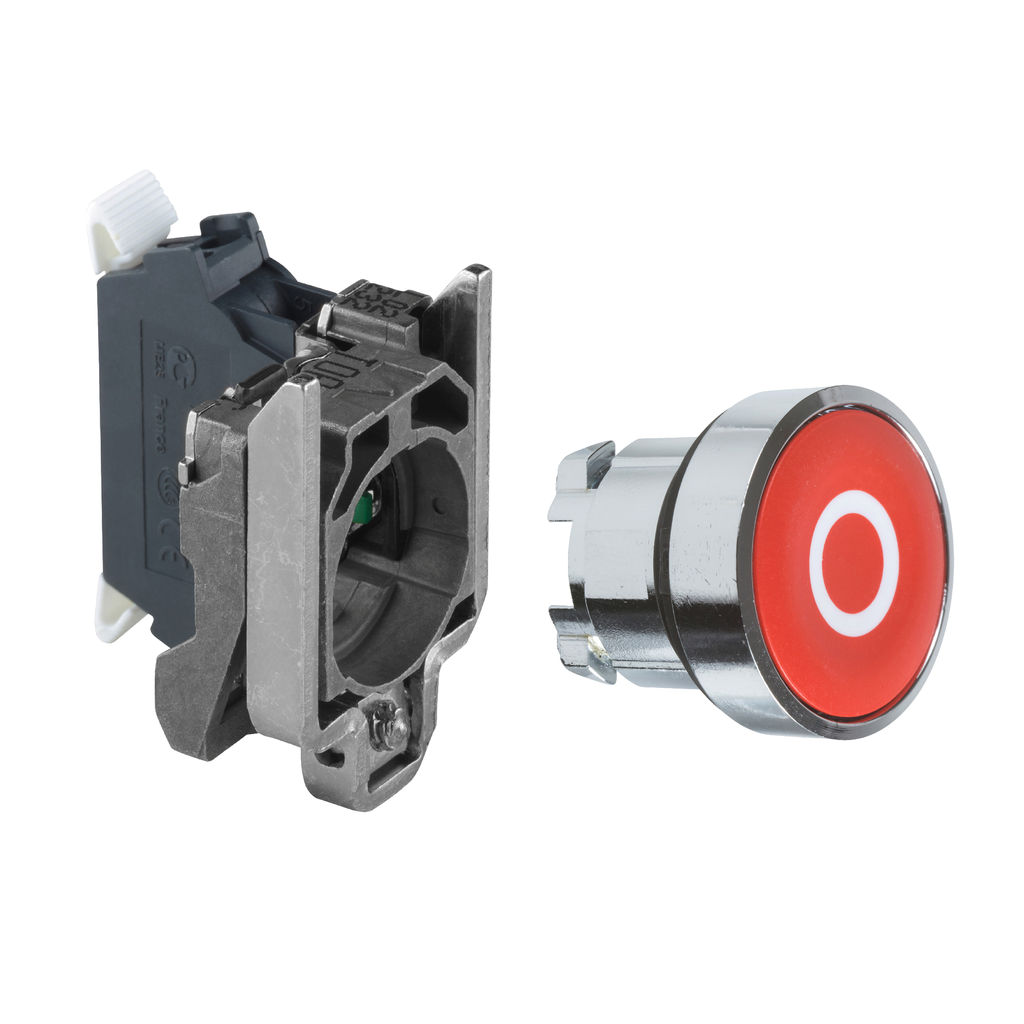 XB4BA43225 – Push button, Harmony XB4, red flush, metal, 22mm, spring return, 1NC, white marked O