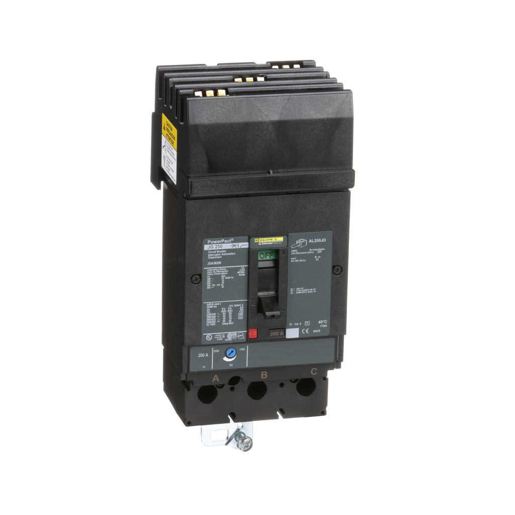 JGA36200 – Circuit breaker, PowerPacT J, 200A, 3 pole, 600VAC, 18kA, I-Line, thermal magnetic, 80%, ABC