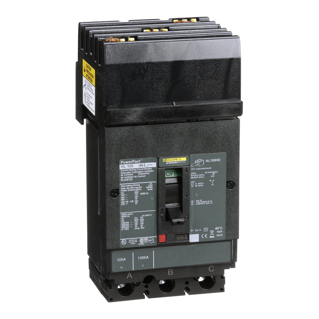 HLA36125 – Circuit breaker, PowerPacT H, 125A, 3 pole, 600VAC, 50kA, I-Line, thermal magnetic, 80%, ABC