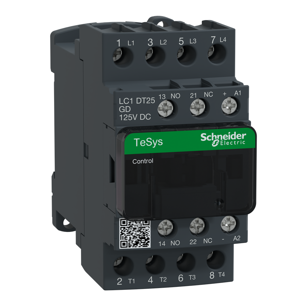 LC1DT25GD – IEC contactor, TeSys Deca, nonreversing, 25A resistive, 4 pole, 4 NO, 125VDC coil, open style