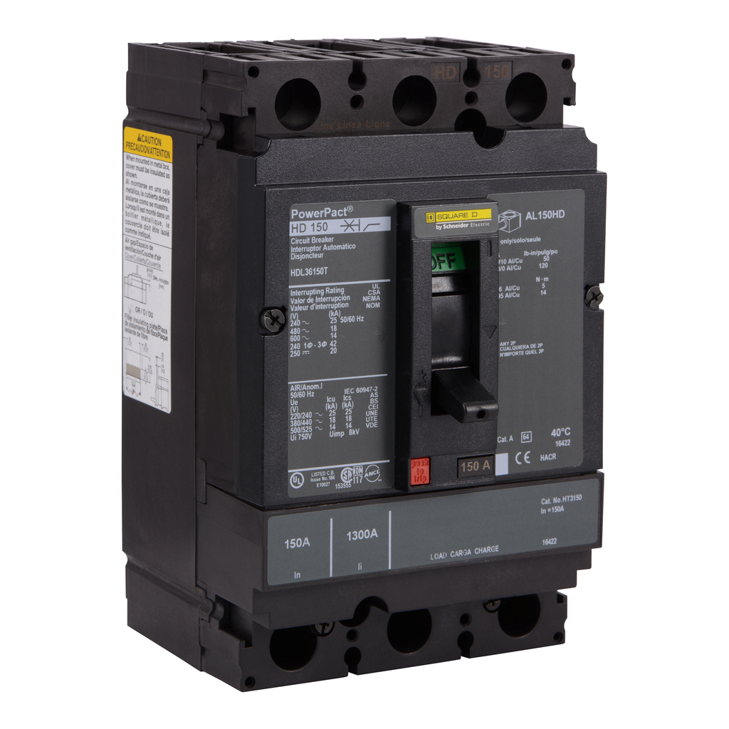 HDL36150T – Circuit breaker, PowerPacT H, 150A, 3 pole, 600VAC, 14kA, lugs, thermal magnetic, 80%, interchangeable trip unit