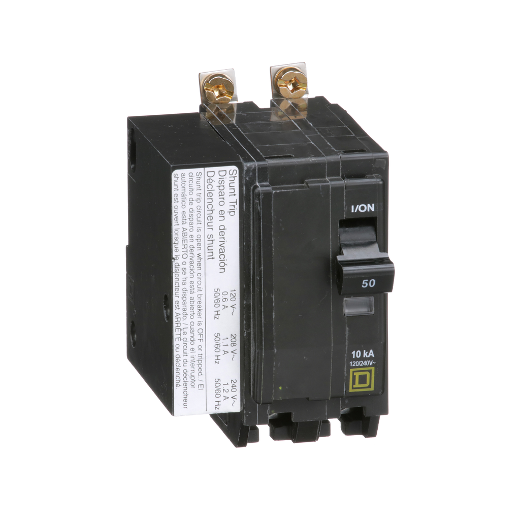 QOB2501021 – Mini circuit breaker, QO, 50A, 2 pole, 120/240VAC, 10kA, bolt on, AC shunt
