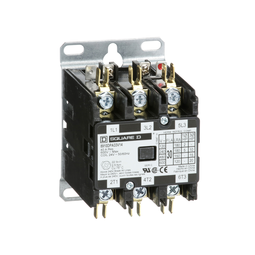 8910DPA33V14 – Contactor, Definite Purpose, 30A, 3 pole, 20HP at 575VAC, 3 phase, 24VAC 50/60Hz coil, open