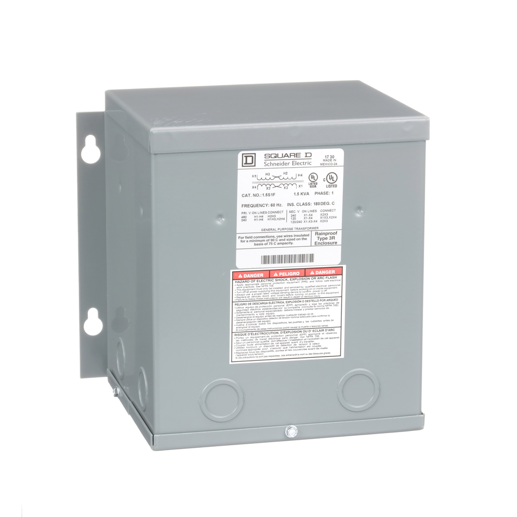 1.5S1F – Transformer, dry type, encapsulated, 1.5kVA, 1 phase, 240x480V primary, 120/240V secondary, 8A, 115C rise