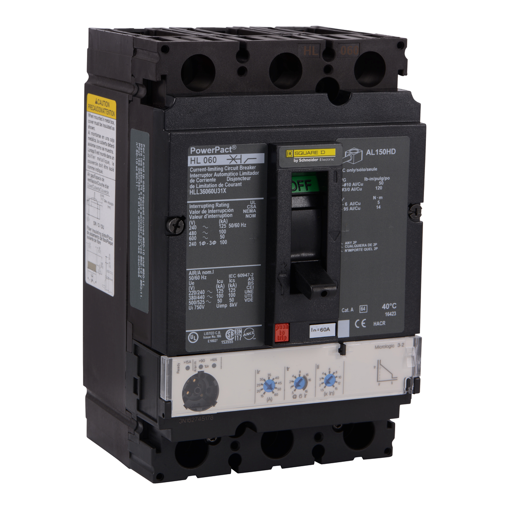 HLL36060U31X – Circuit breaker, PowerPacT H, 60A, 3 pole, 600VAC, 50kA, lugs, Micrologic 3.2, 80%