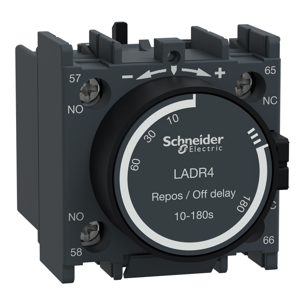 LADR4 – Time delay auxiliary contact block, TeSys Deca, 1NO   1NC, off delay 10-180s, front, screw clamp terminals