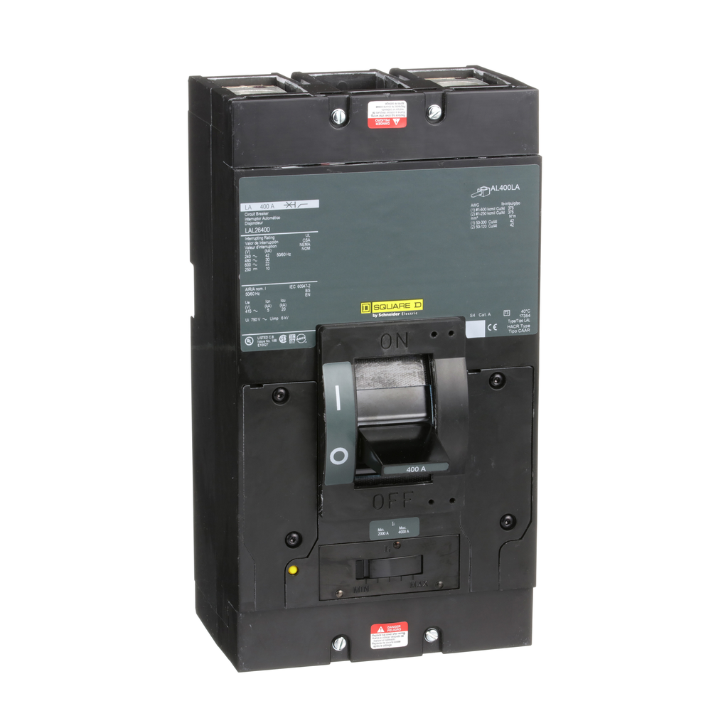 LAL26400 – Circuit breaker, LA, 400A, 2 pole, 600VAC, 22kA, 250VDC, 10kA, lugs, thermal magnetic