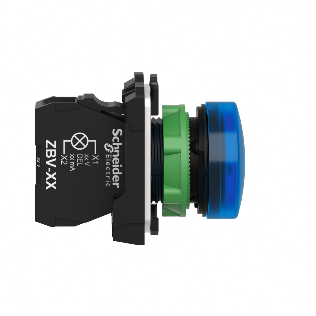 XB5AVB6 – pilot light, Harmony XB5, grey plastic, blue, 22mm, universal LED, plain lens, 24V AC DC