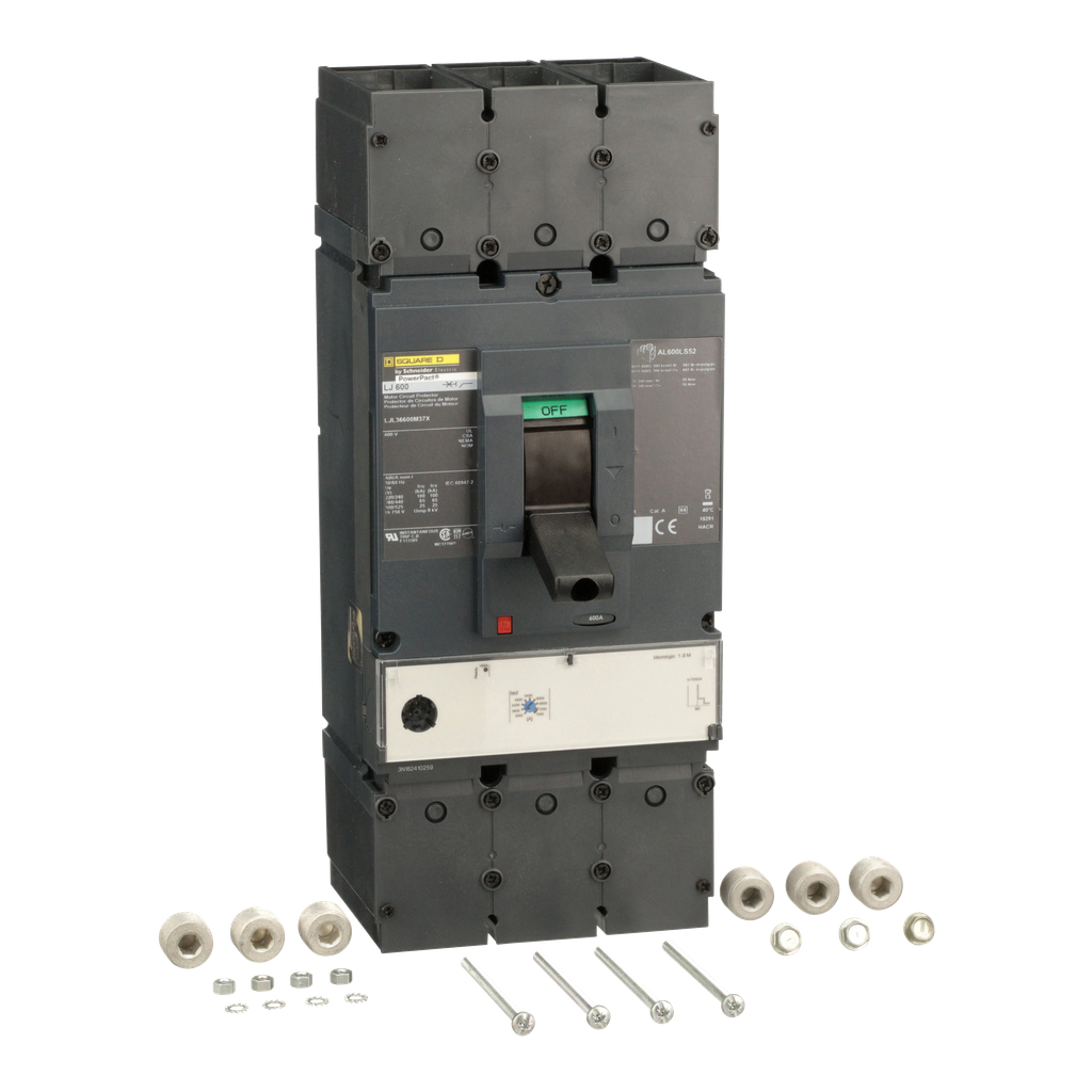LJL36600M37X – Motor circuit protector, PowerPacT L, 600A, 3 pole, 600VAC, 25kA, lugs, MicroLogic 1.3M, 80%