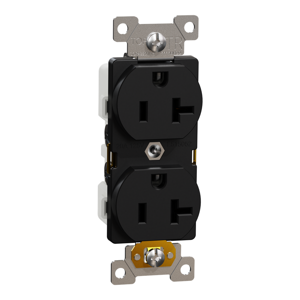 SQR42201BK – Socket-outlet, X Series, 20A, standard, duplex, tamper resistant, commercial, black, matte finish