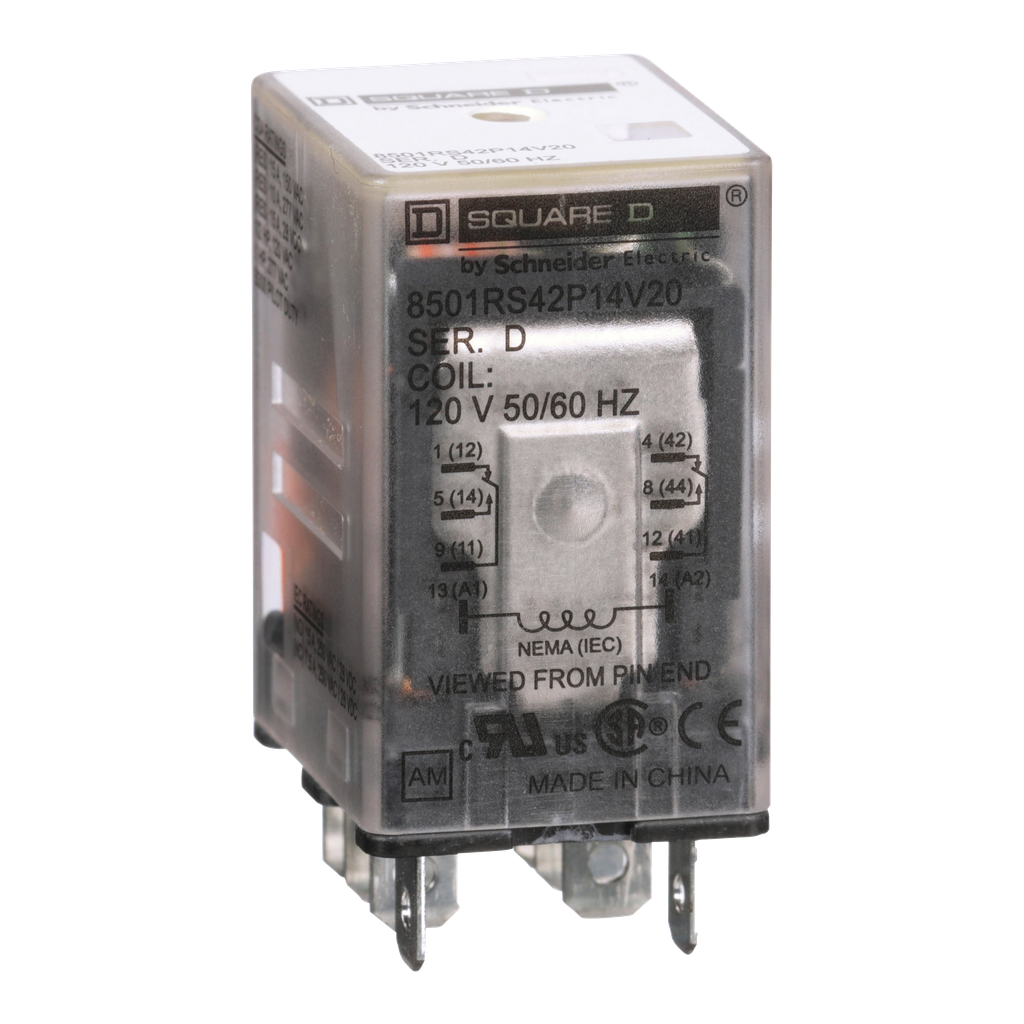 8501RS42P14V20 – Plug in relay, Type R, miniature, 1 HP at 277 VAC, 15A resistive at 120 VAC, 8 blade, DPDT, 2 NO, 2 NC, 120 VAC coil