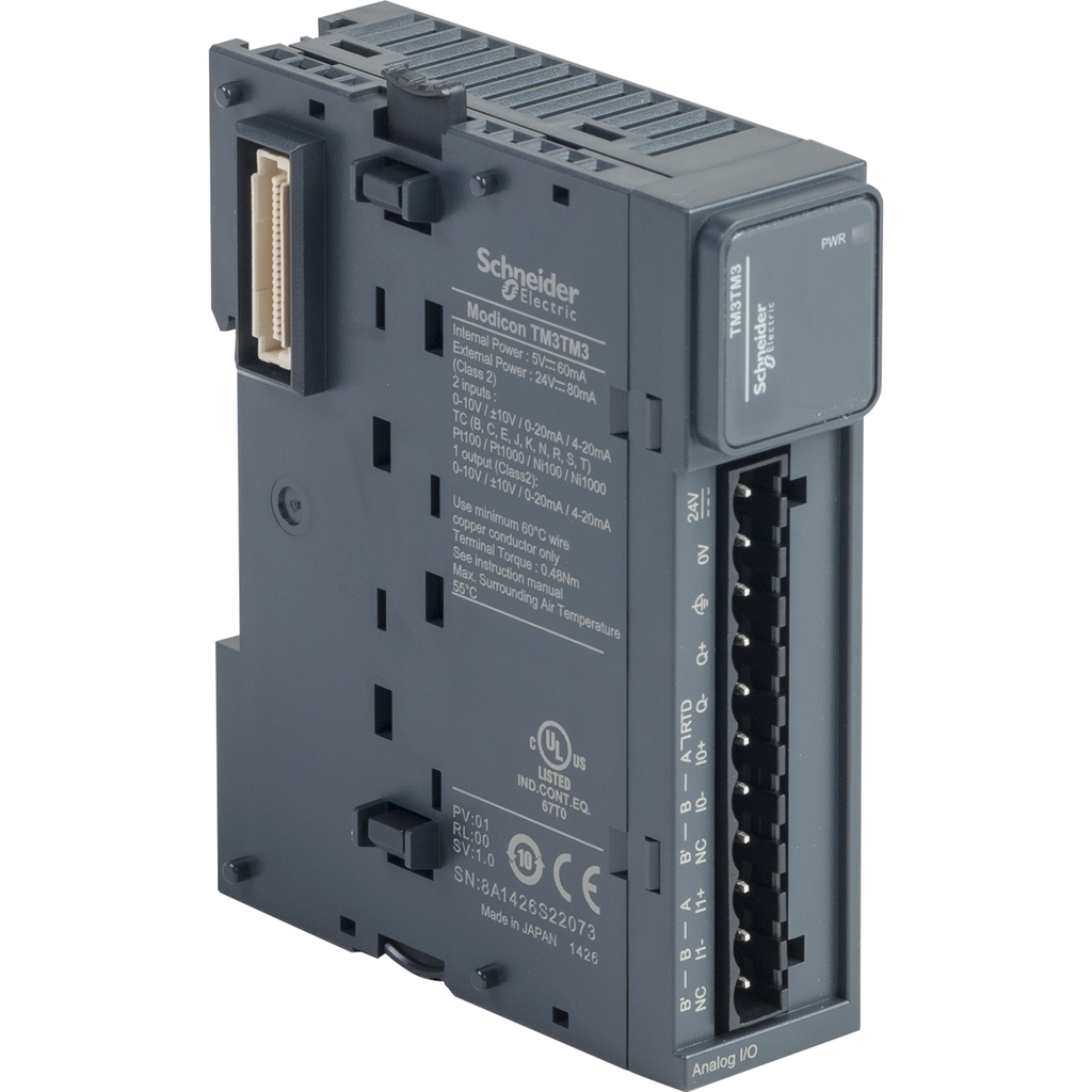 TM3TM3 – analog IO module, Modicon TM3, 2 analog or temperature inputs, 1 analog output, screw, 24V DC