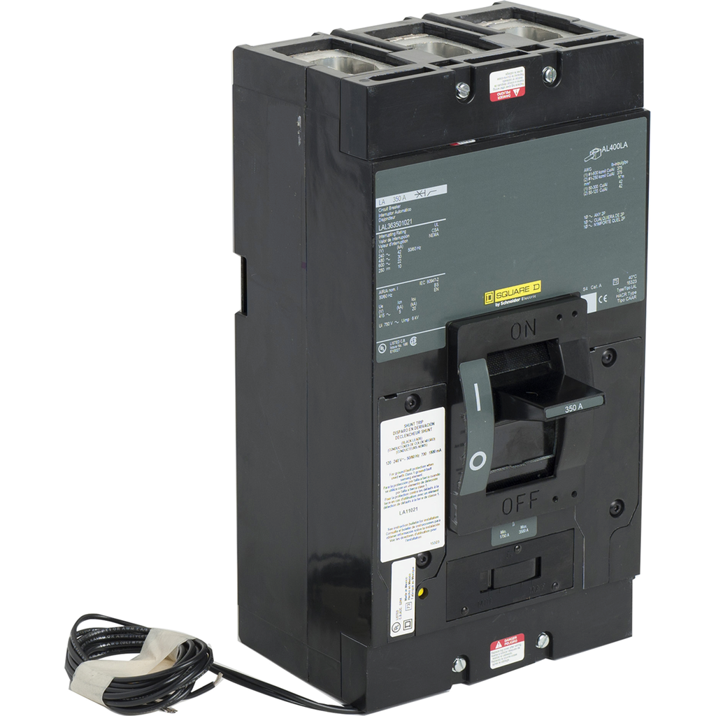 LAL363501021 – Circuit breaker, LA, 350A, 3 pole, 600VAC, 22kA, 250VDC, 10kA, lugs, thermal magnetic, shunt trip