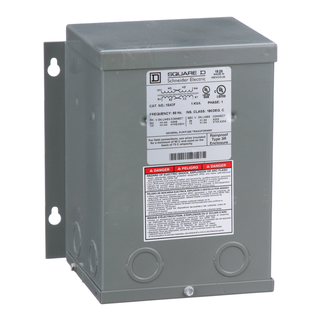 1S43F – Transformer, buck boost, encapsulated, 1kVA, 1 phase, 120x240V primary, 12/24V secondary, NEMA 3R, 115C rise