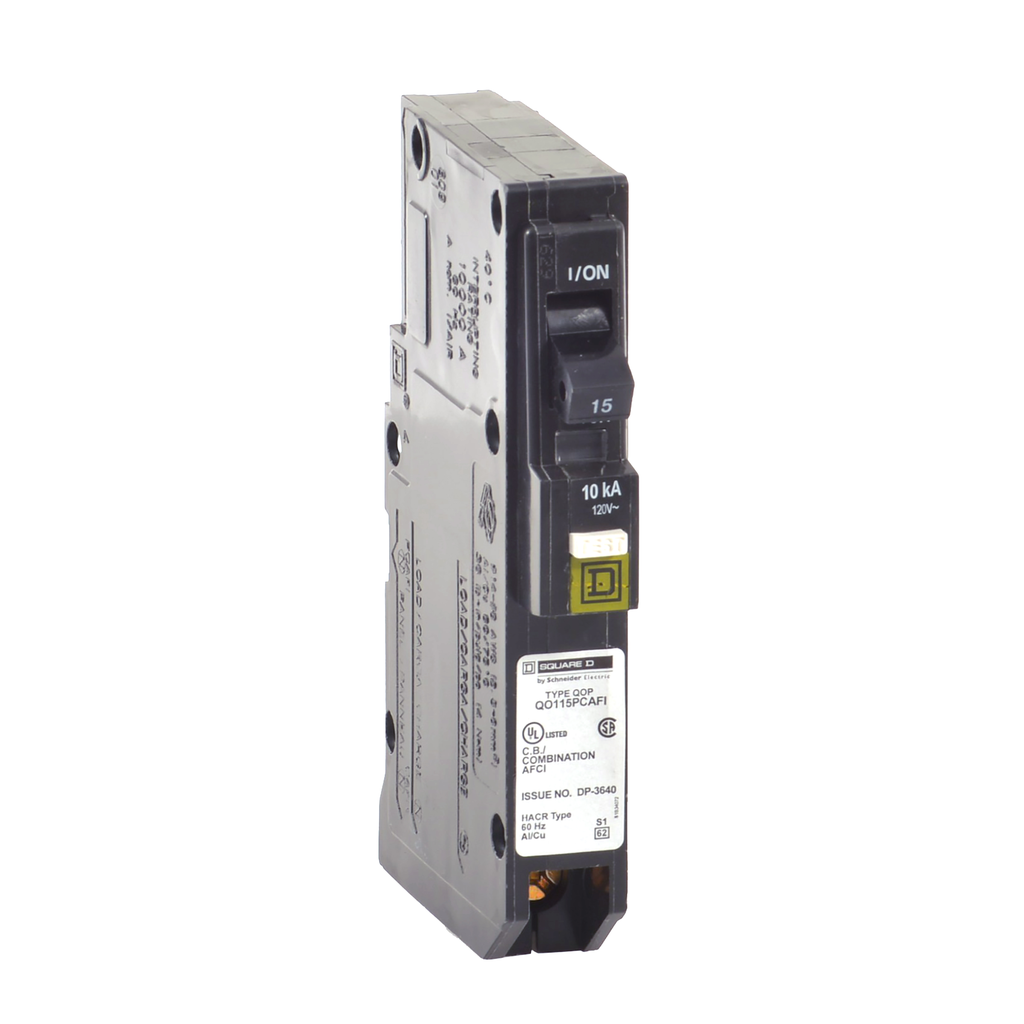 QO115PCAFI – Mini circuit breaker, QO, 15A, 1 pole, 120VAC, 10kA, plug in, combo ARC fault, plug on neutral