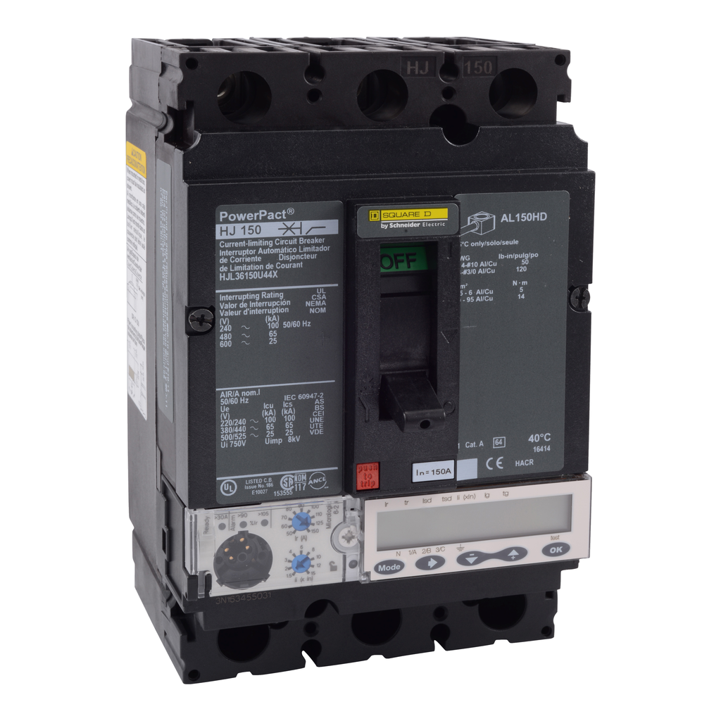 HJL36150U44X – Circuit breaker, PowerPacT H, 150A, 3 pole, 600VAC, 25kA, lugs, Micrologic 6.2A, 80%