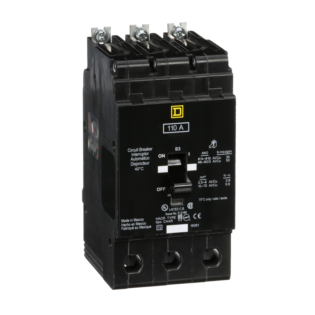 EJB34110 – Mini circuit breaker, E-Frame, 110A, 3 pole, 480Y/277VAC, 100kA max, bolt on