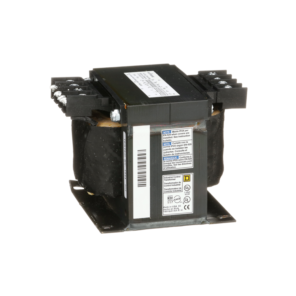 9070T500D52 – Transformer, Type T, industrial control, 500VA, 1 phase, 380/400/415V primary, 12/24V secondary, 115C rise