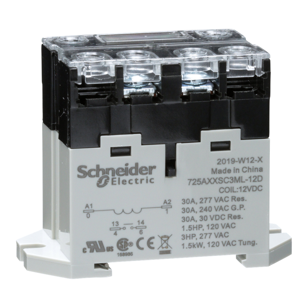 725AXXSC3ML-12D – Power relay, SE Relays, 30A, 1NO, 12VDC, LED push button, screw terminals, DIN or panel mount