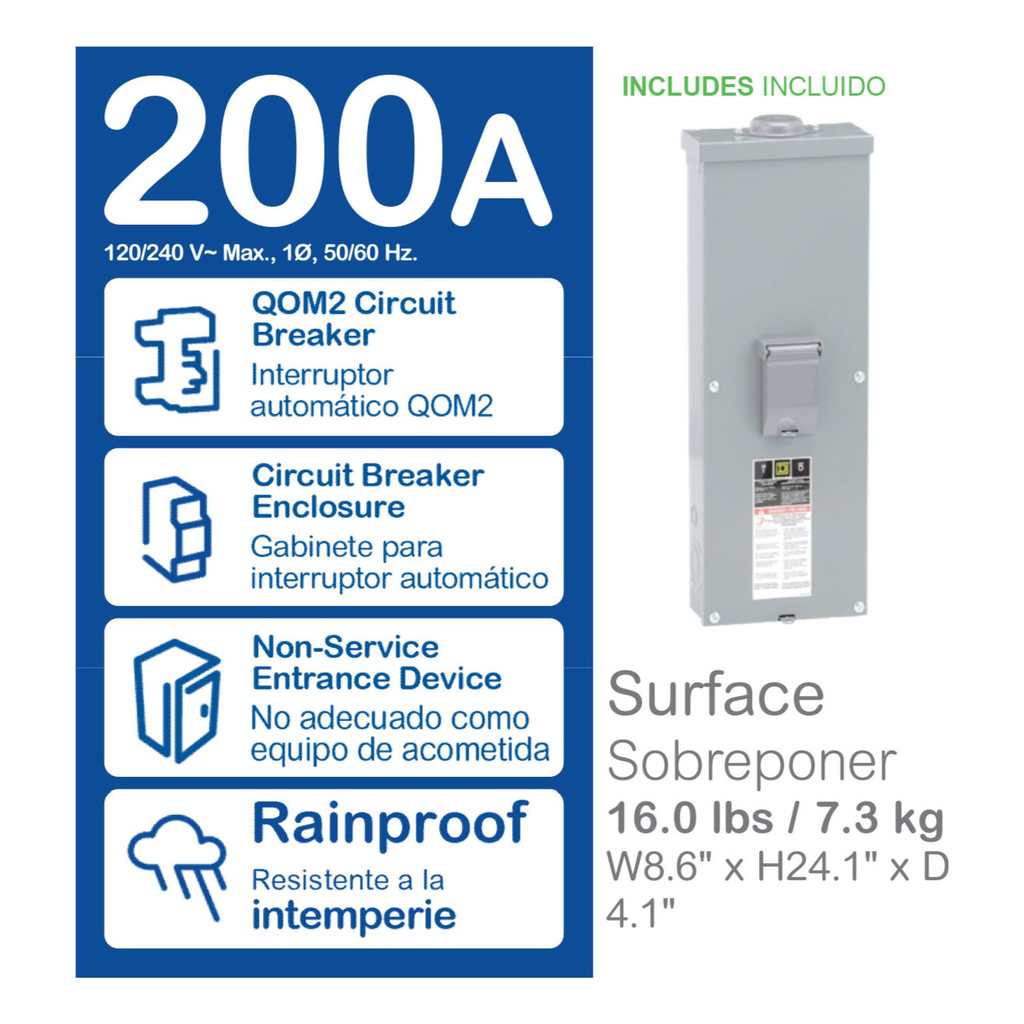 Mayer-DDS-Enclosed circuit breaker, QO, 200A, 2 pole, 120/240VAC, 22kA, bolt on mount, NEMA 3R-2