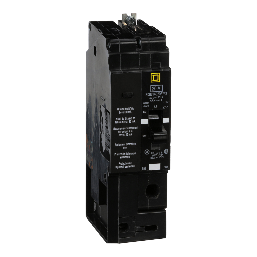 EGB14020EPD – Mini circuit breaker, E-Frame, 20A, 1 pole, 277VAC, 65kA max, bolt on, 30mA ground fault protection