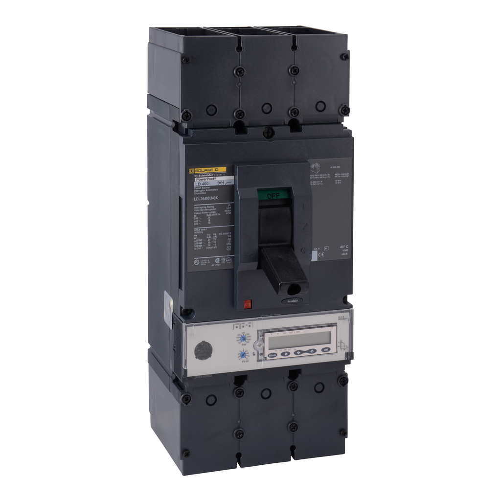 LDL36400U43X – Circuit breaker, PowerPacT L, 400A, 3 pole, 600VAC, 14kA, lugs, Micrologic 5.3A, 80%