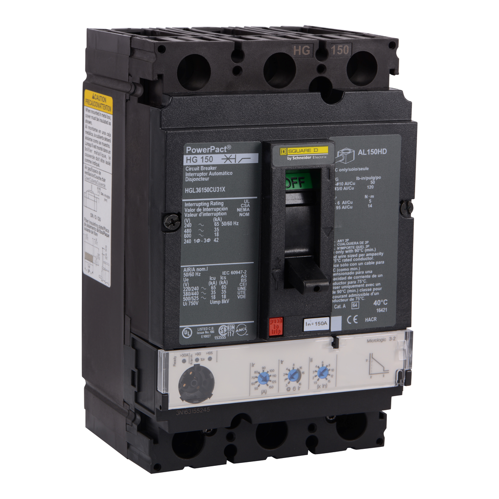 HGL36150CU31X – Circuit breaker, PowerPacT H, 150A, 3 pole, 600VAC, 18kA, lugs, Micrologic 3.2, 100%