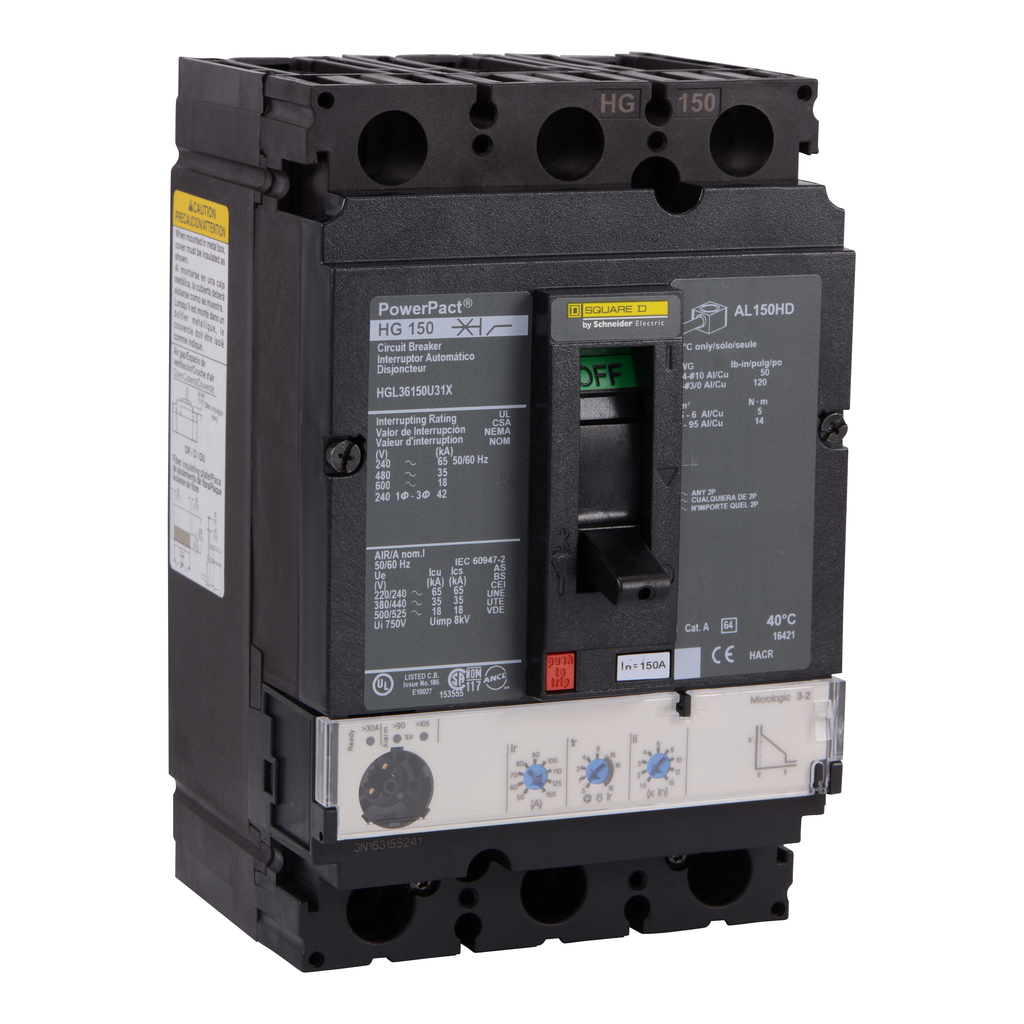 HGL36150U31X – Circuit breaker, PowerPacT H, 150A, 3 pole, 600VAC, 18kA, lugs, Micrologic 3.2, 80%