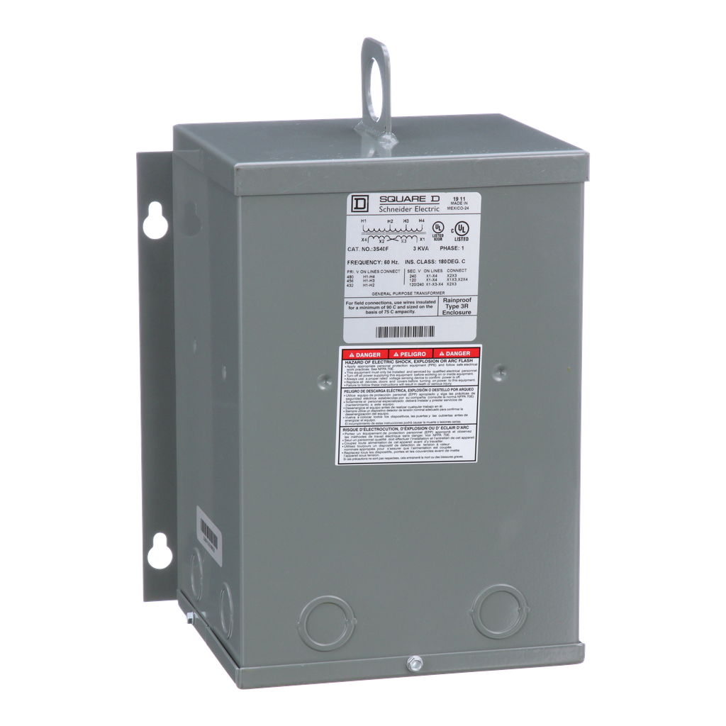 3S40F – Transformer, dry type, encapsulated, 3kVA, 1 phase, 480V primary, 120/240V secondary, 10A, 115C rise