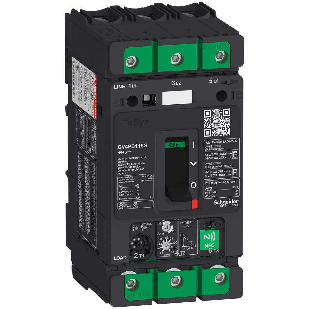 GV4PB115S – Motor circuit breaker, TeSys Deca, 3P, 115A, Icu 100kA, thermal magnetic, multifunction, UL489