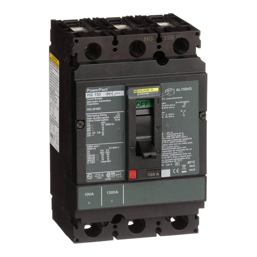 HGL36100C – Circuit breaker, PowerPacT H, 100A, 3 pole, 600VAC, 18kA, lugs, thermal magnetic, 100%