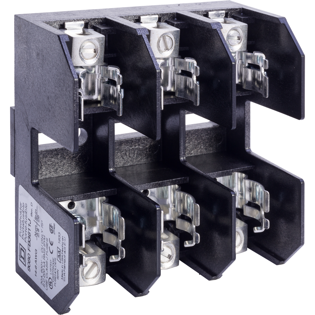 9080FB3611J – Fuse holder, Square D 9080FB, max 30A rated, 600VAC/DC, Class J type fuses, 3 pole, surface mount
