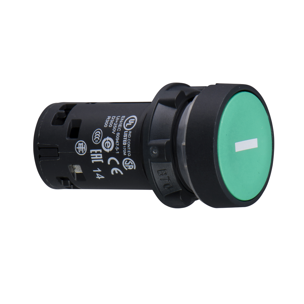 XB7NA3131 – Monolithic push button, Harmony XB7, plastic, green, 22mm, spring return, marked I, 1NO
