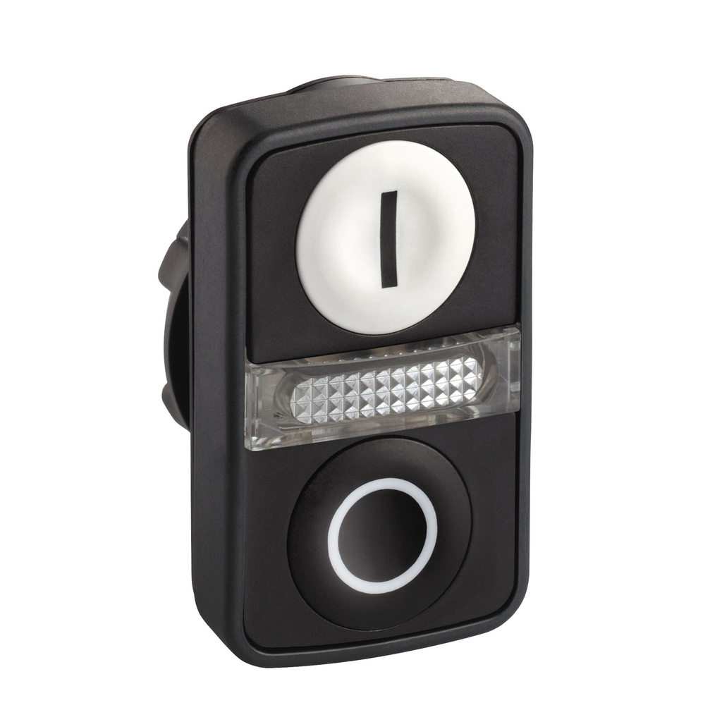 ZB5AW7A1721 – Illuminated double headed push button head, Harmony XB5, plastic, 22mm, 1 white flush marked I   1 pilot light   1 black flush marked O