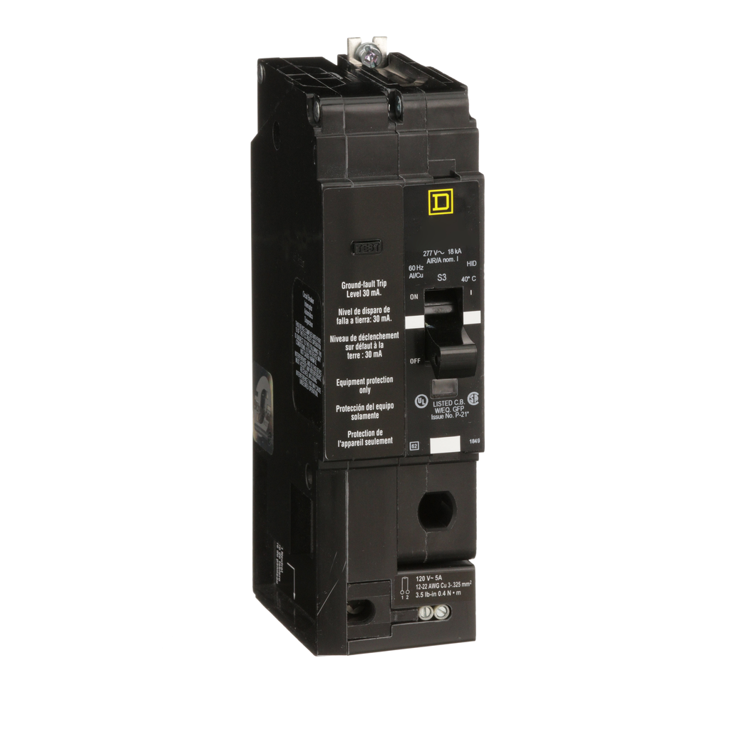 EDB14050EPDBA – Mini circuit breaker, E-Frame, 50A, 1 pole, 277VAC, 25kA max, bolt on, 30mA ground fault protection, alarm switch