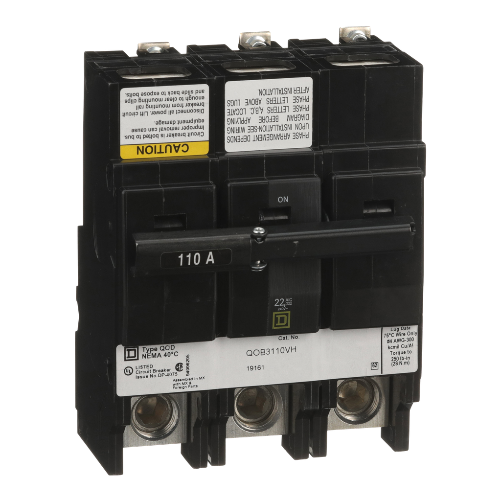 QOB3110VH – Mini circuit breaker, QO, 110A, 3 pole, 120/240VAC, 22kA, bolt on