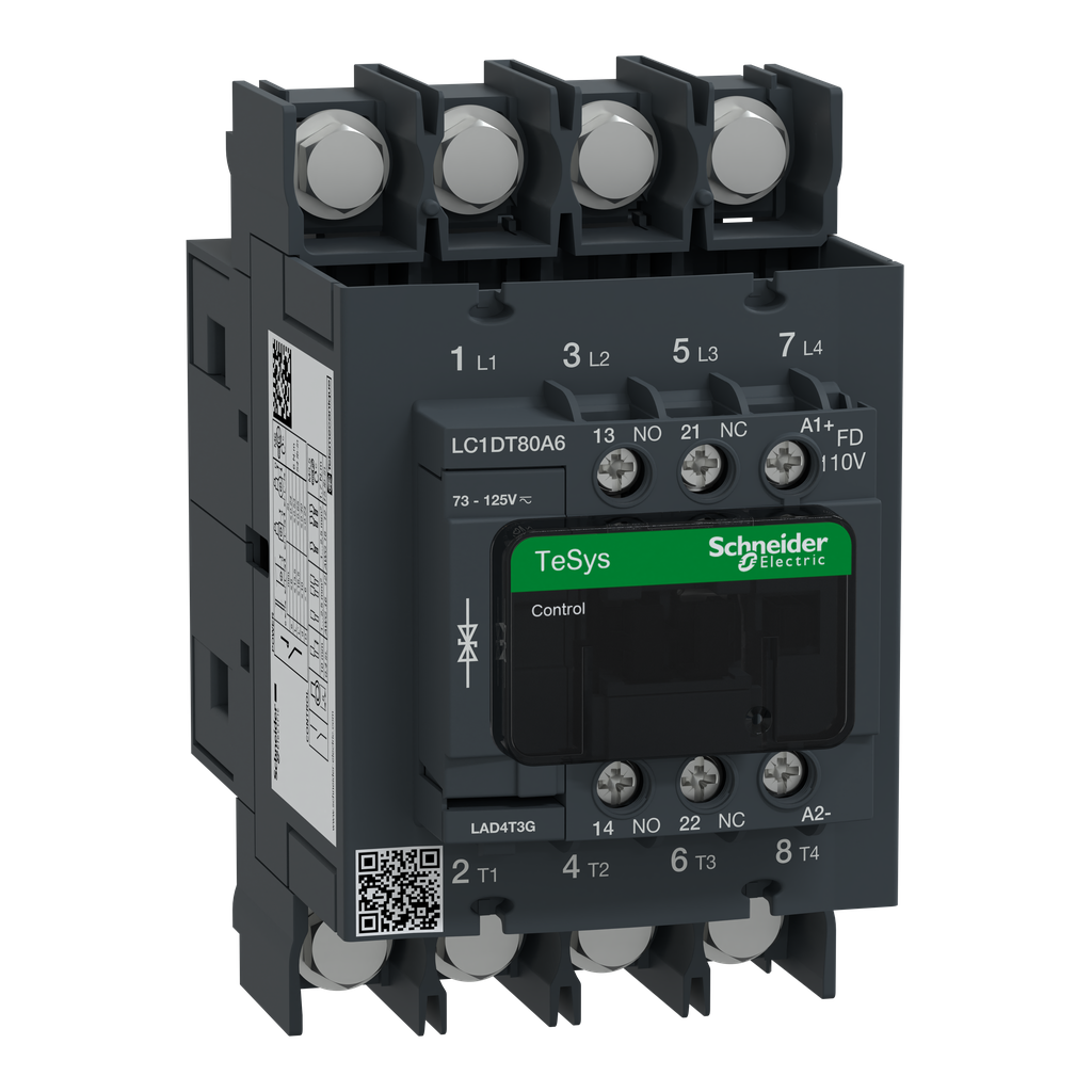 LC1DT80A6FD – IEC contactor, TeSys Deca, nonreversing, 80A resistive, 4 pole, 4 NO, 110VDC coil, open style