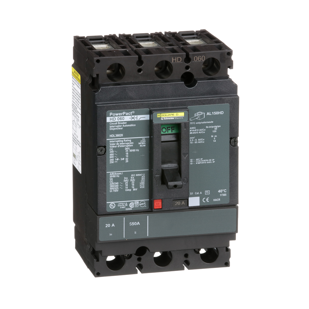 HDL36020 – Circuit breaker, PowerPacT H, 20A, 3 pole, 600VAC, 14kA, lugs, thermal magnetic, 80%