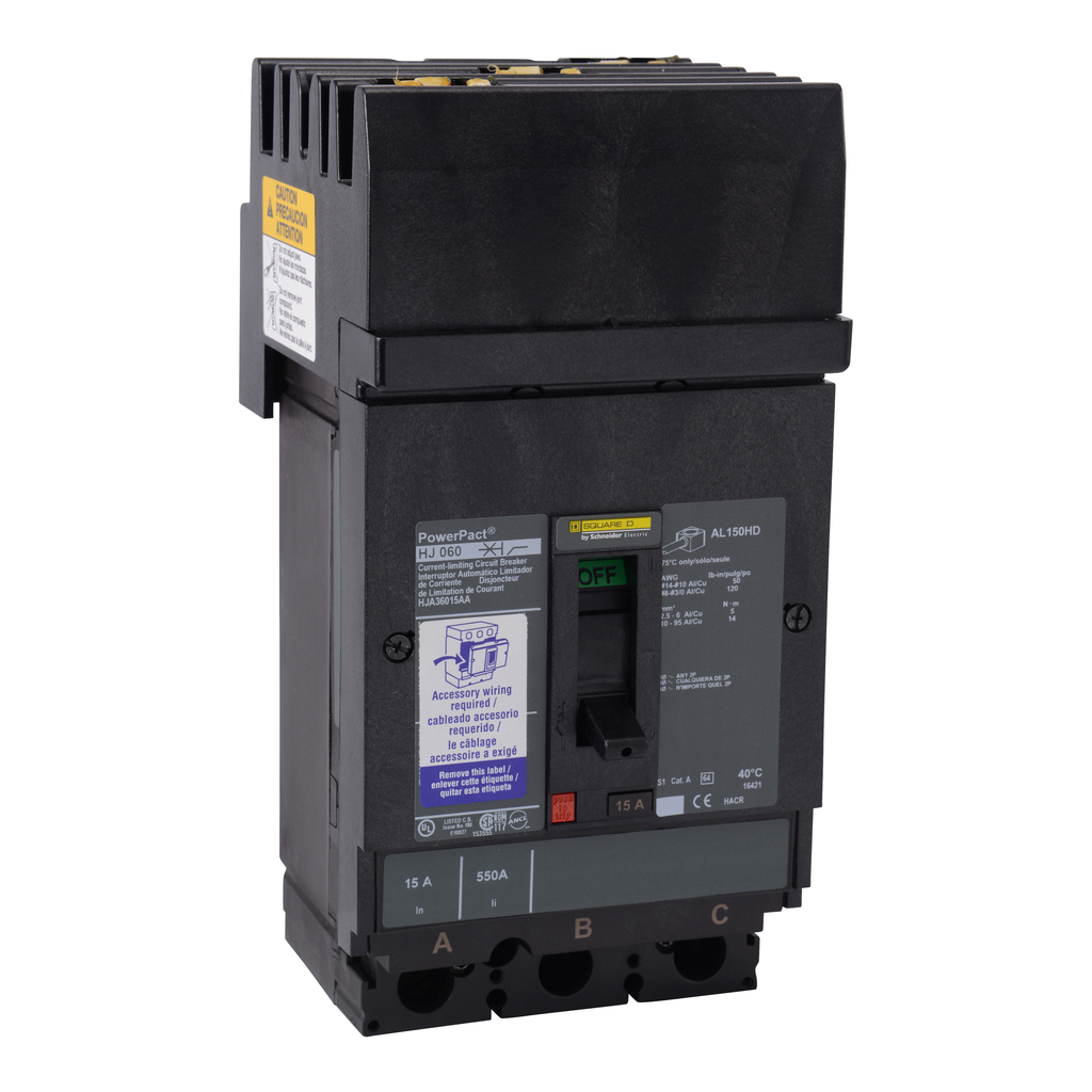 HJA36150SN – Circuit breaker, PowerPacT H, 150A, 3 pole, 600VAC, 25kA, I-Line, thermal magnetic, 80%, shunt, ABC