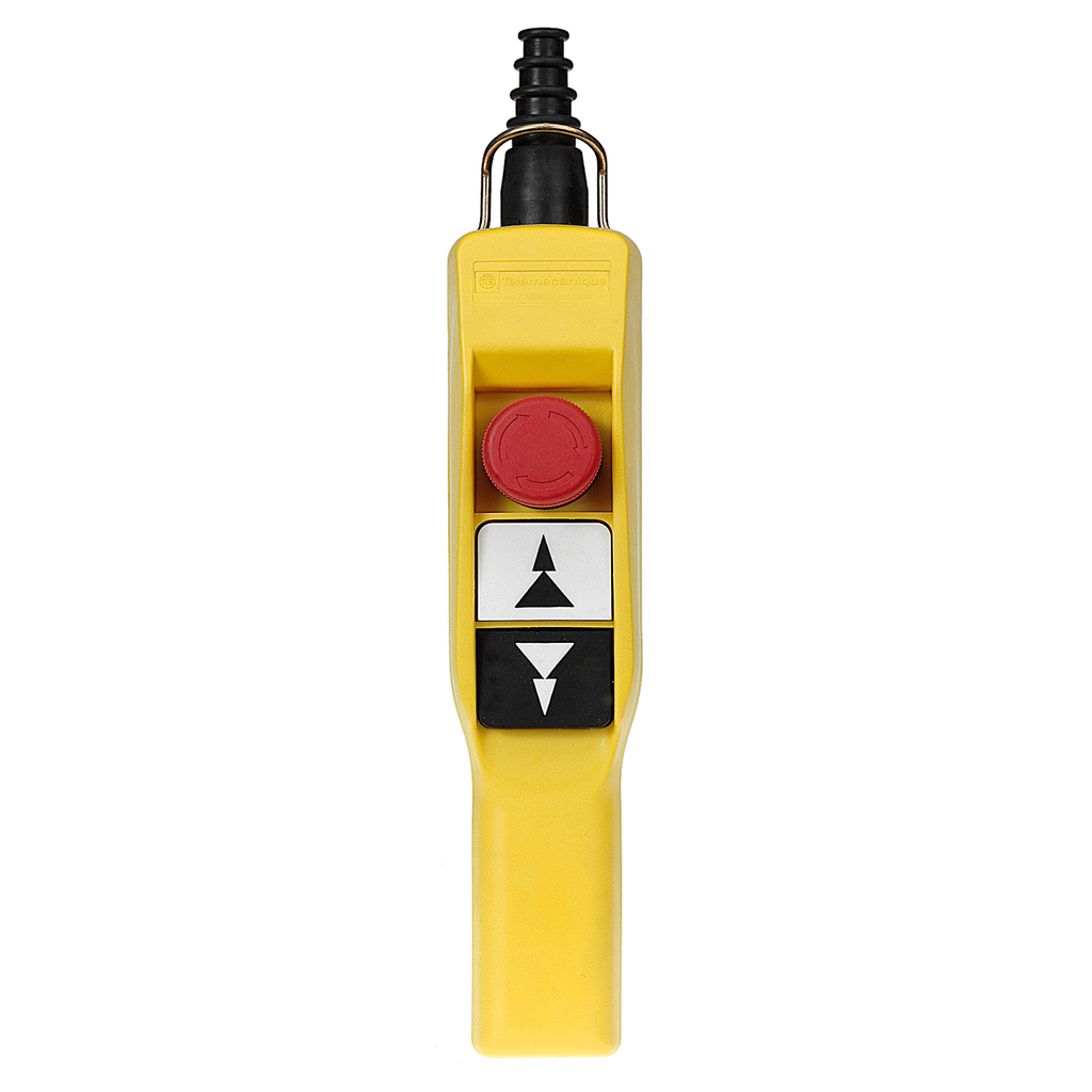 XACA2073 – Pendant control station, Harmony XAC, plastic, yellow, pistol grip, 2 push buttons with 2NO, 1 emergency stop NC