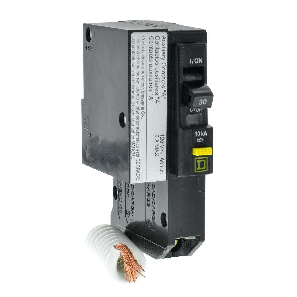 QO130GFI1200 – Mini circuit breaker, QO, 30A, 1 pole, 120VAC, 10kA, plug in, 6mA grd fault A, pigtail, aux switch 1A